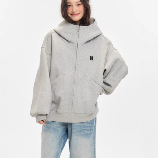 美式复古拉链开衫连帽卫衣女春秋宽松设计简约学院风休闲百搭外套|undefined