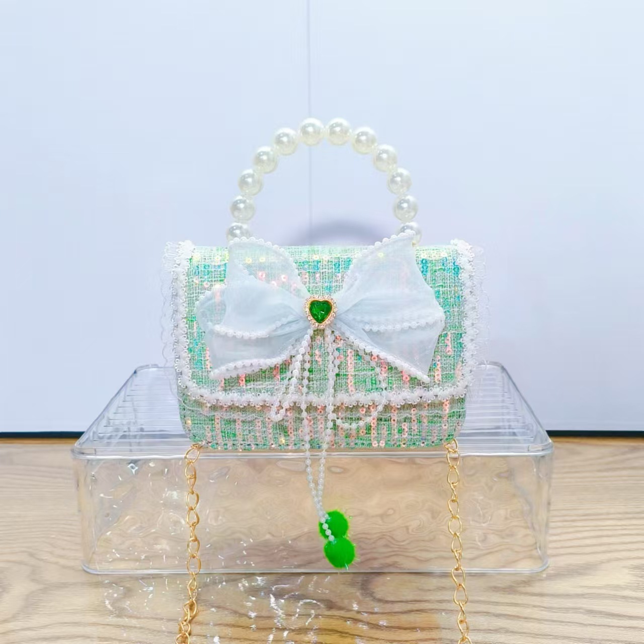 Bolso de la princesa de arco, bolso de mano de perlas, bolso de mano de cadena, bolso de Año Nuevo, bolso de Año Nuevo, regalo del Día de los Niños del 1 de junio