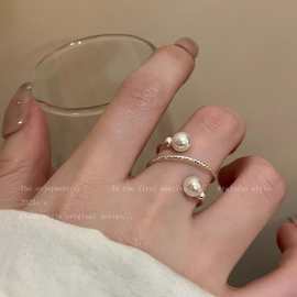法式简约珍珠开口戒指小众设计感轻奢精致气质百搭环形食指戒