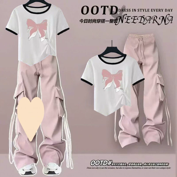 White pink butterfly + pink overalls [suit]