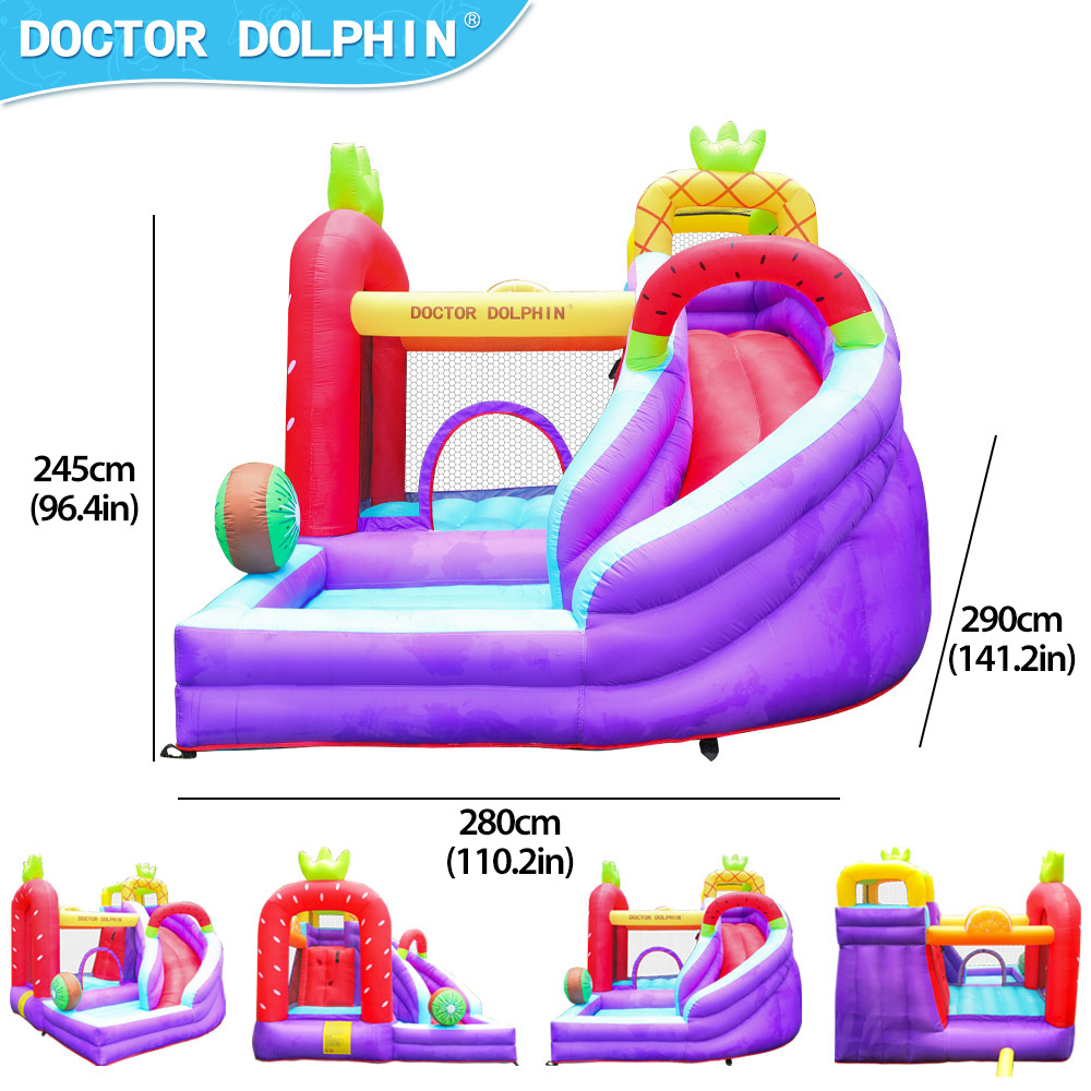Doctor Delfín | Castillo inflable infantil para exteriores, pequeño, con temática de frutas, combinación de trampolín y tobogán, área de juegos para el hogar.