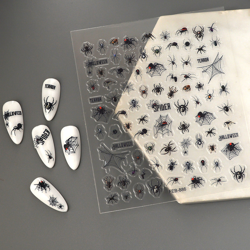 Cross-border new paper relief 5D three-dimensional black spider nail stickers adhesive waterproof Halloween spider web mixed batch