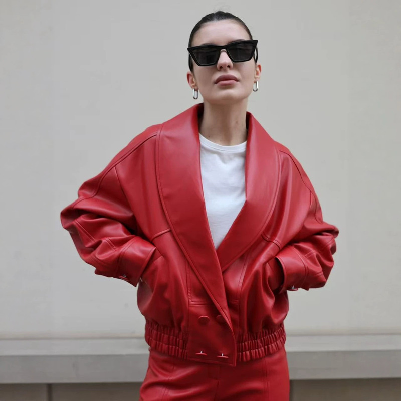 Cross-border Amazon European and American women's fashion leather jacket with a turn-down collar, casual loose-fitting short leather jacket top