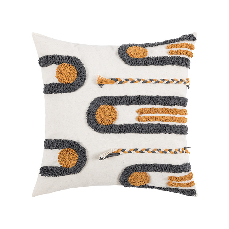 Funda de cojín de terciopelo con borlas naranja y gris, estilo retro simple, geométrico, para sala de estar, soporte lumbar, cojín cuadrado grande para sofá