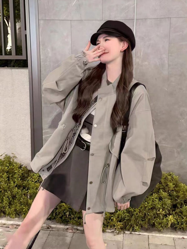韩系抽绳收腰风衣外套女中长款2025早春秋季英伦风小个子夹克上衣|undefined