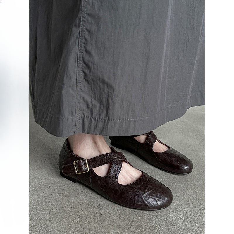 Flat Round Toe New Arrival Retro Belt Mary Jane Shoes Women's Autumn Cross Ballet Shoes 2025 Shallow Mouth Single Shoes Pleated