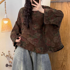 2025秋季新款复古休闲百搭炒色做旧双层印花套头上衣女