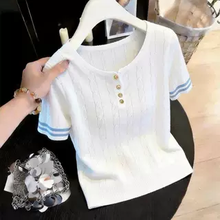 东莞市大朗毛针织衫女夏季麻花纽绳纽扣圆领撞色短袖上衣爆款