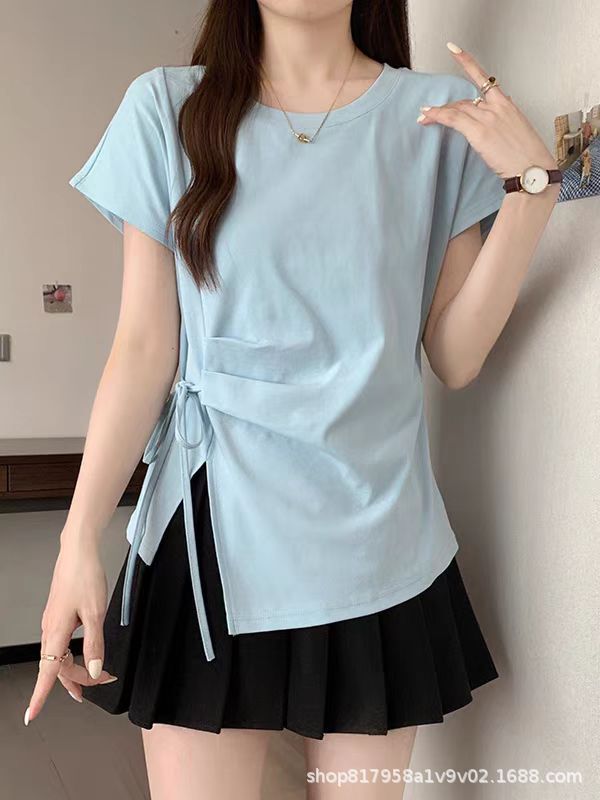 ミルクイエローの右肩半袖Tシャツ女性用2025夏大きいサイズファットmmウエスト不規則な巨大痩身パーソナライズトップ|undefined
