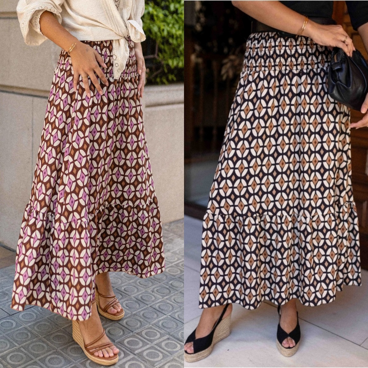 2026 European and American Cross-Border Independent Website Ins Influencer Style Printed Ruched Elastic Waist Flared Long Skirt Women's Skirt
