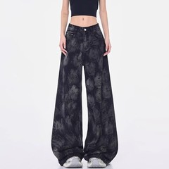 美式高街水洗印花牛仔裤女2025年秋季新款高腰显瘦时尚阔腿拖地裤