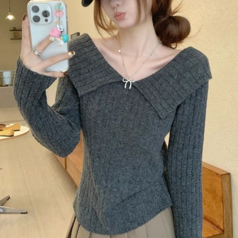 复古减龄翻领红色针织衫女秋冬新款设计感打底衫修身长袖百搭上衣|undefined