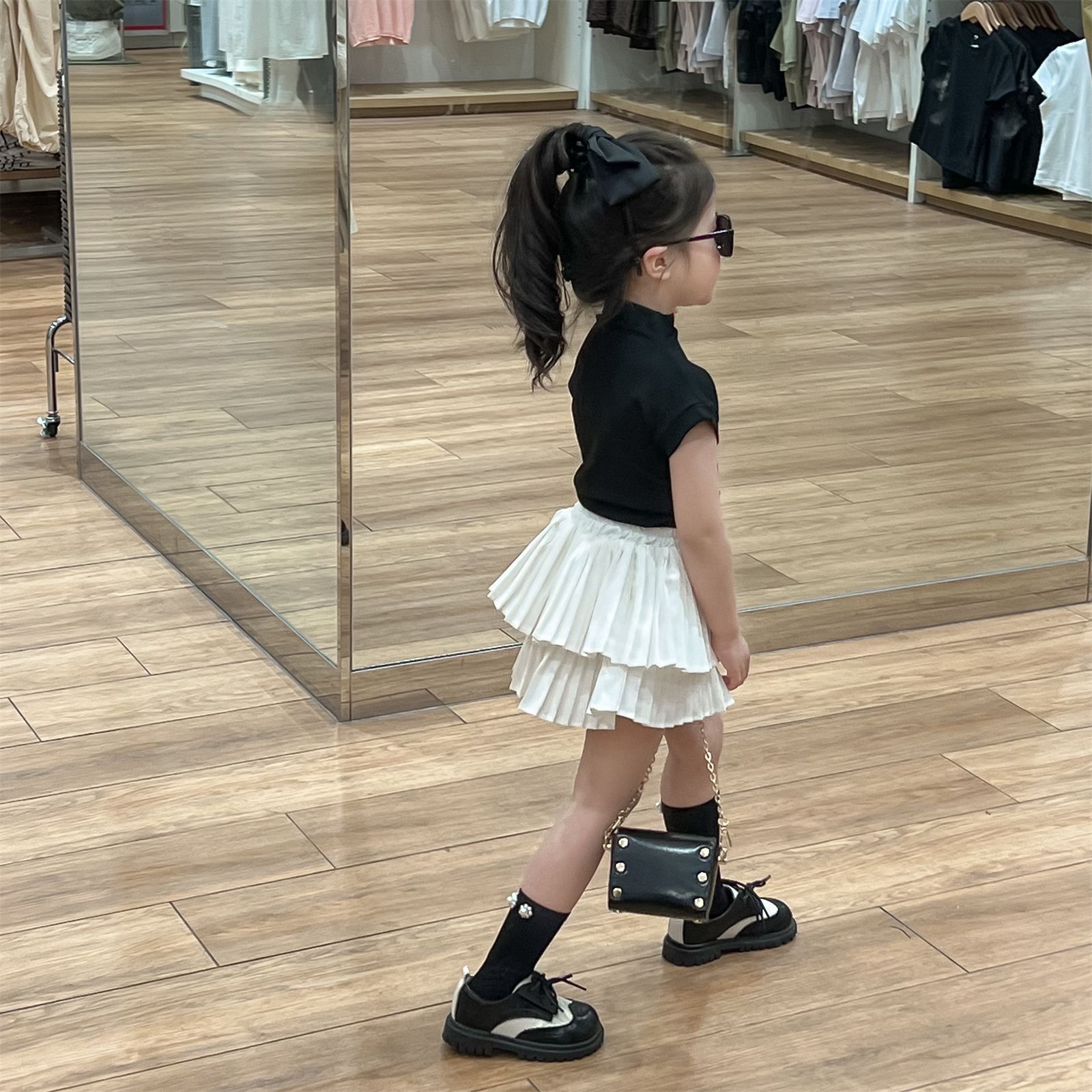 2024夏季韓版 童裝 女童半高領彈力針織收腰短袖T恤 百褶半身裙褲