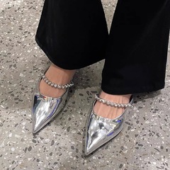 Sheepskin version ~ high-end silver one-word diamond strap genuine leather mule shoes for women summer toe flat half slippers small sandals