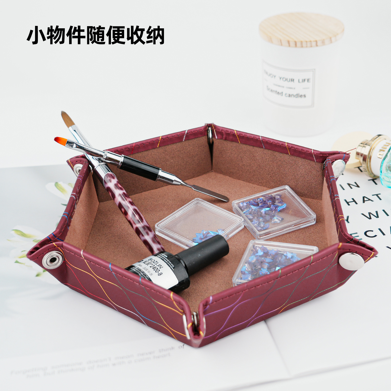 Transfronterizos para la nueva cesta de almacenamiento de cuero pu, bandeja de almacenamiento de escritorio, tela de lana de alta calidad, bandeja de manicuras al por mayor