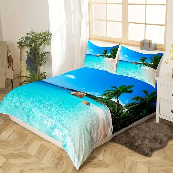 TEMU / JIT comercio exterior transfronterizo playa mar vista alta definición impresión digital colcha suave kit fuente fabricante textil doméstico