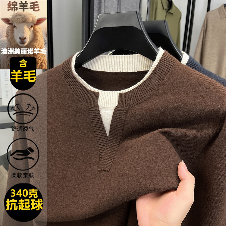 冬季男士新款圆领加厚羊毛毛衣时尚百搭宽松休闲纯色打底上衣外套|undefined