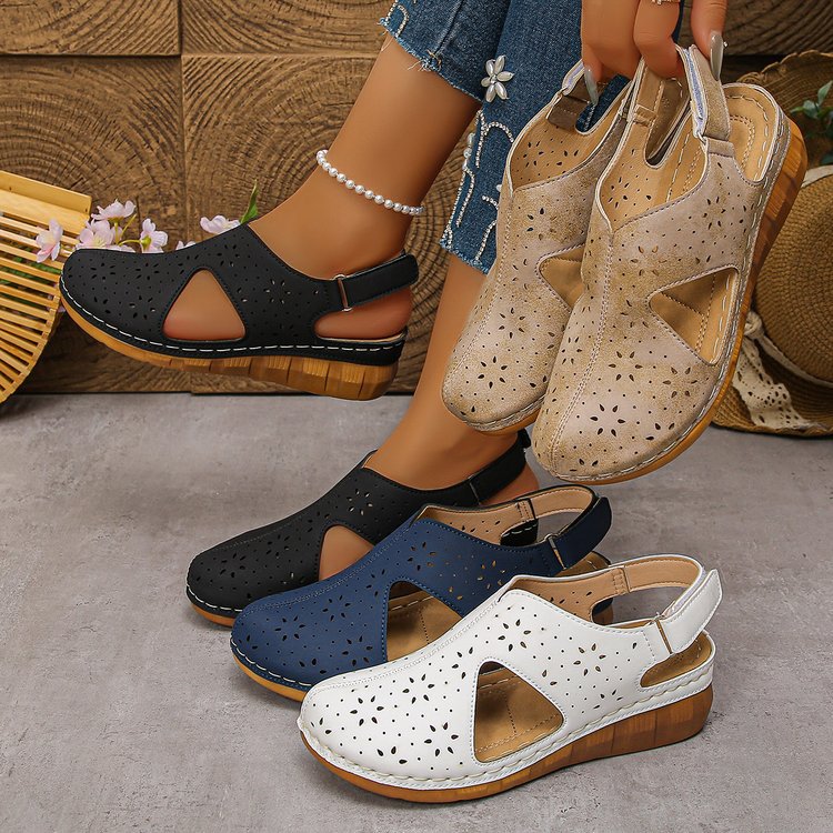 Cross-Border European and American Casual Sandals 2025 New Style Hollow Breathable Velcro Strap Wedge Heel Peep-Toe Stitched Closed-Toe Design