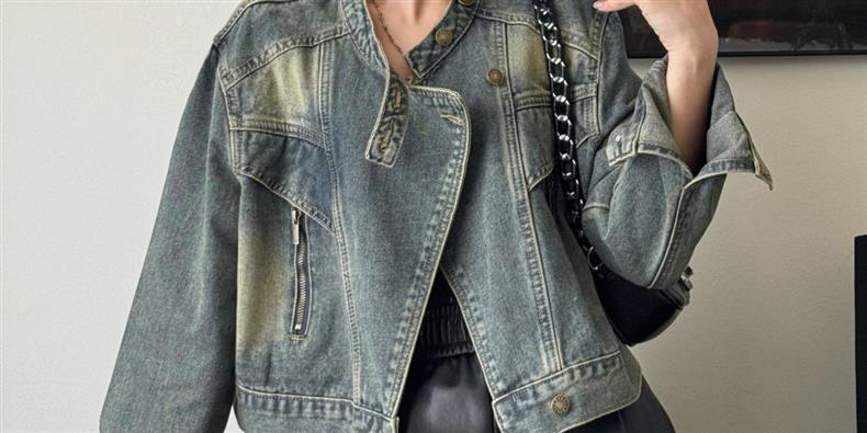 Kurtka motocyklowa dla chłopca ze stójką i dżinsowym kołnierzem, jesień 2025, nowa, unikatowa, zapinana na zamek, luźna, krótka bluzka w stylu retro_voghion.com