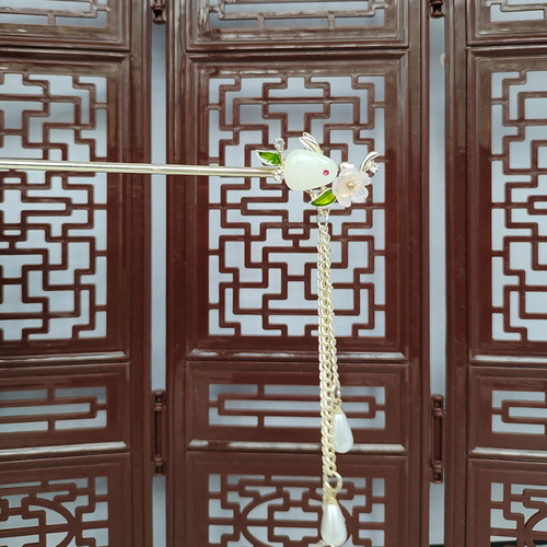 Jade Rabbit Flower Walking Shake Ancient Style Hairpin Exquisite Small Tassel Headdress Half-tied Hairpin Cheongsam Accessories for Women on the Back of the Head