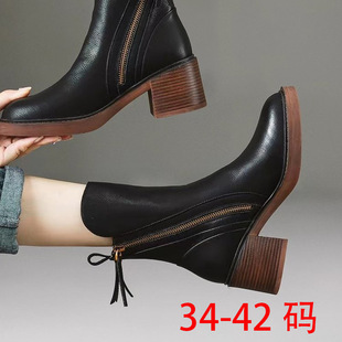 4142 Size Retro Style Mid-Calf Side Zipper Boots Autum New European Version Thick Heel Fashion Trendy Fashion Women's Boots