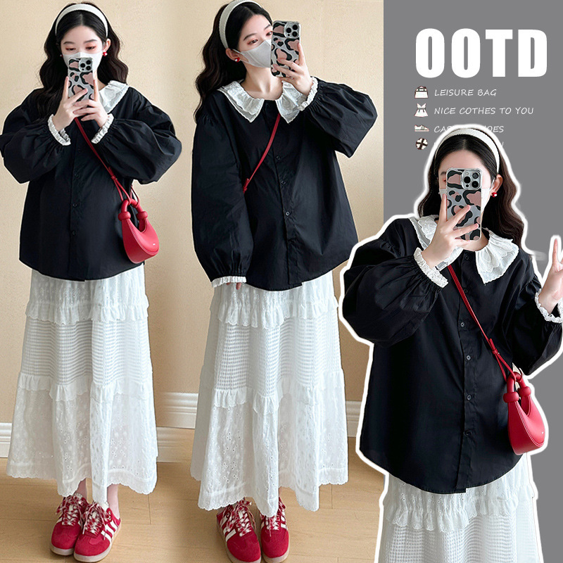 Pregnant Mom Wearing Korean Sweet Doll Collar Shirt Pregnant Women's Top Spring and Autumn Dress Belly-supporting Skirt Two-piece Suit