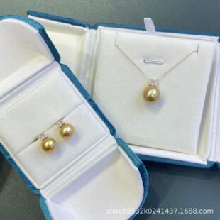 14k Gold Nanyang Gold Beads suit Thick Gold Almost Flawless Quality Seawater Pearl Pendant Earrings suit Silver Chain