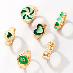 歐美跨境新款戒指 綠色系滴油愛心風車蛇形1999情懷6件套廠家直銷