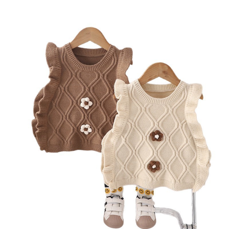 Niños 2025 primavera y otoño estereoscópico doble flor suéter retro chaleco de color Meirade la espalda se puede usar chaleco