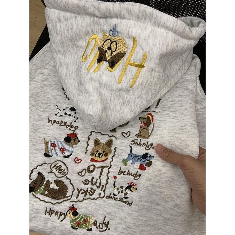 かわいいソーセージの子犬の刺繍とベルベットの厚い帽子のカーディガンの女性の秋冬の小さい背のゆったりしたジッパーのコート|undefined
