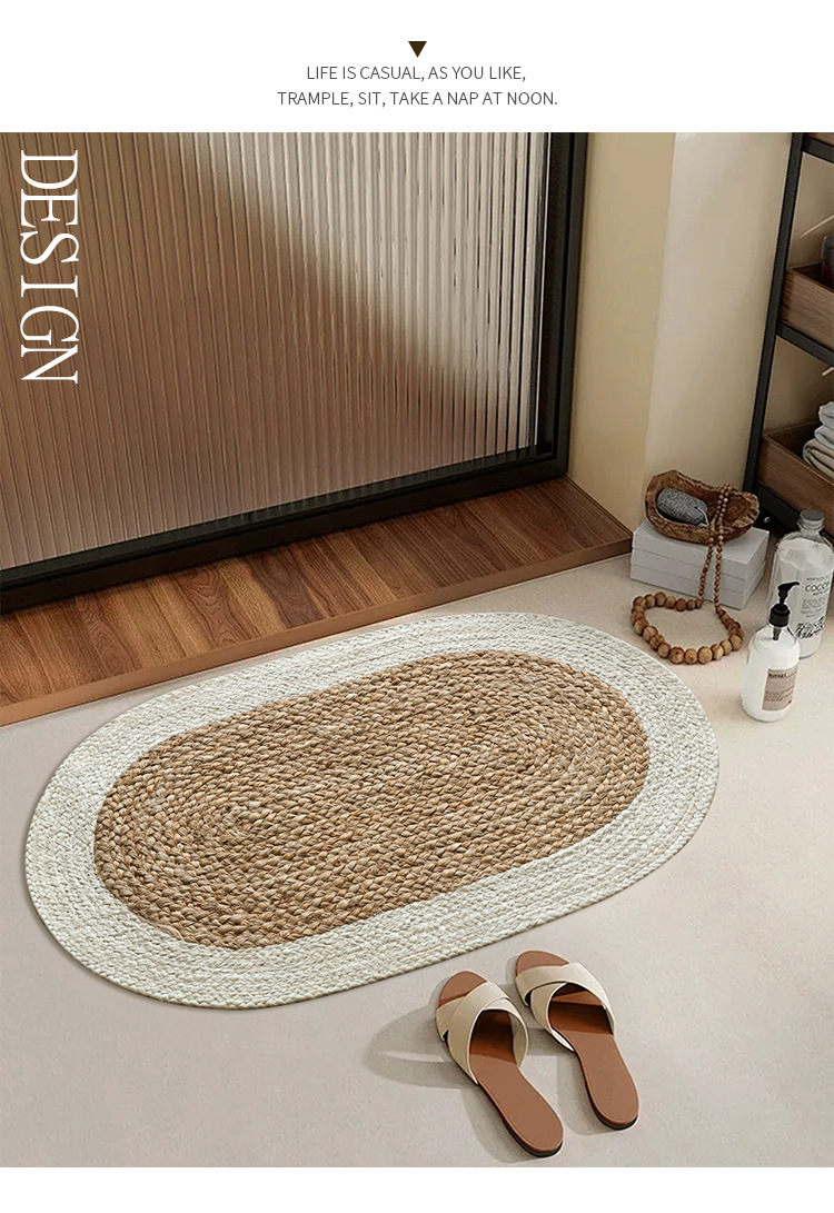 Natural Jute Hand-Woven Floor Mat for Entryway, Living Room, Bedroom, Bedside, Non-Slip, Glue-Free, Simple Carpet