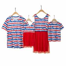 外贸母女亲子装连衣裙父子圆领短袖T恤 条纹星星网纱裙YY0009