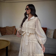 2025春夏女装跨境外贸新款休闲通勤长袖镂空网纱拼接连衣裙灯笼袖