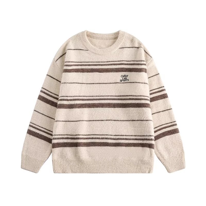Stripes de acero suave suéter de punto glutinoso hombre bordado letras de marca de tendencia perezosas suéter de otoño y invierno fábrica transfronteriza al por mayor image 7