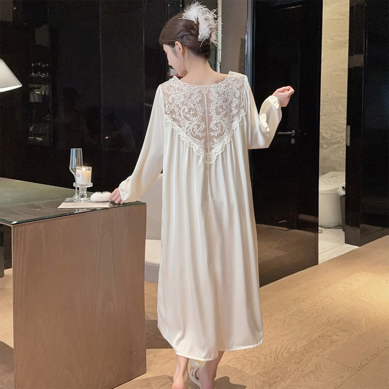 Extended-Length Lace Nightgown with Beautiful Back Design, Plus-Size Loose-Fitting Dress, Thin Ice Silk Sleepwear, Feminine Pure Desire Long-Sleeve Dress