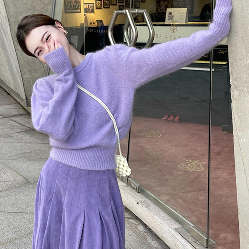 연예인 유지에 팬 세트 여자 치마 2024 가을 | 겨울 새로운 향기로운 스타일 보라색 니트 스웨터 스커트 투피스 세트