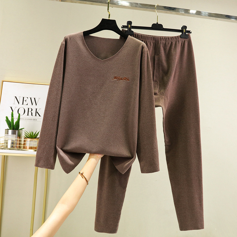 Men's Seamless Thermal Underwear Set with Thickened Fleece, German Heating Autumn Clothes and Pants, Plus Size Embroidered V-Neck Base Shirt Men's Seamless Thermal Underwear Set with Thickened Fleece, German Heating Autumn Clothes and Pants, Plus Size Embroidered V-Neck Base Shirt