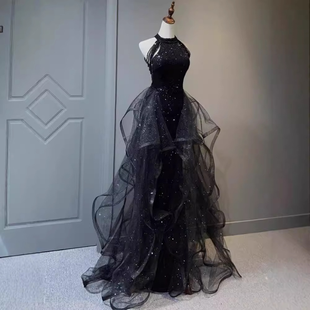 Black Evening Dress High-end Light Luxury Niche Neck-hanging dress High-end Feeling Annual Meeting Elegant Sequin Vocal Art Test for Women