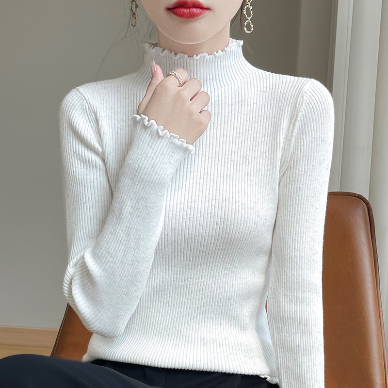 24 autumn and winter new pullover half high lace collar sweater women sequined knitted base shirt women slim Korean cross-border wholesale