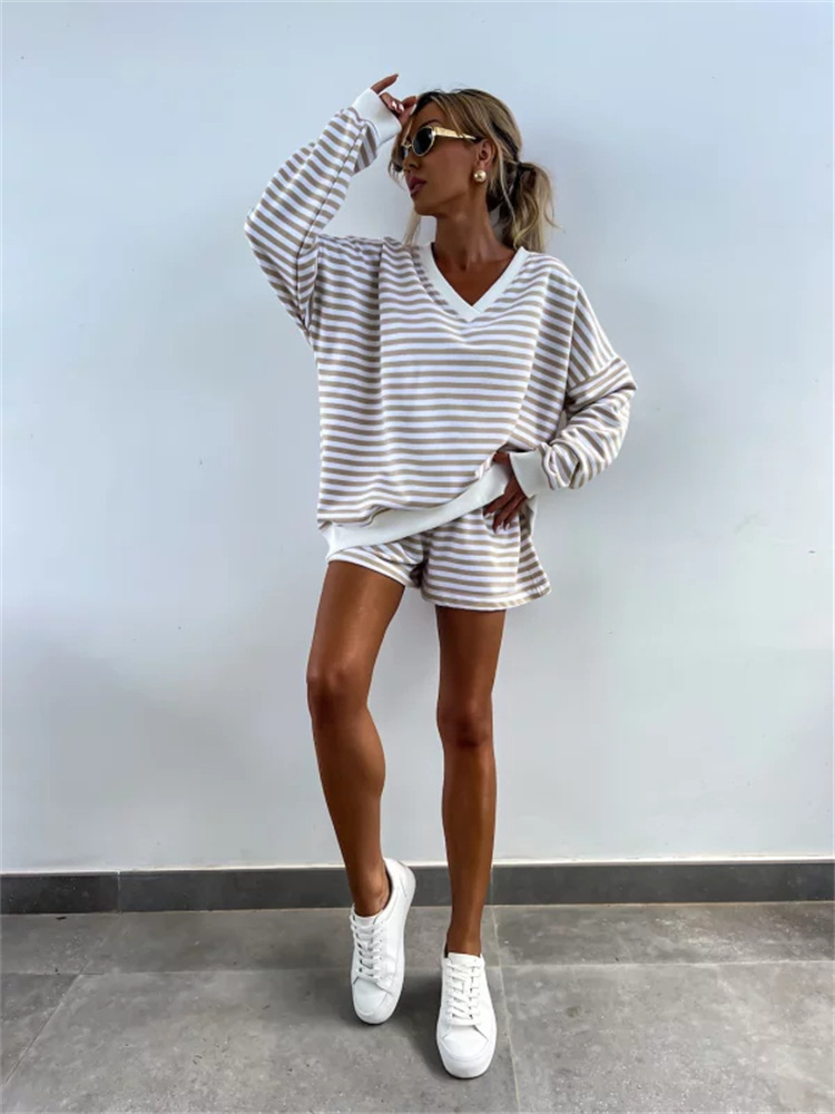 Casual Striped Suit For Women V-neck Long-sleeved Loose Top Paired With Shorts In The Same Color Ladies Spring Summer 2piece Set_voghion.com