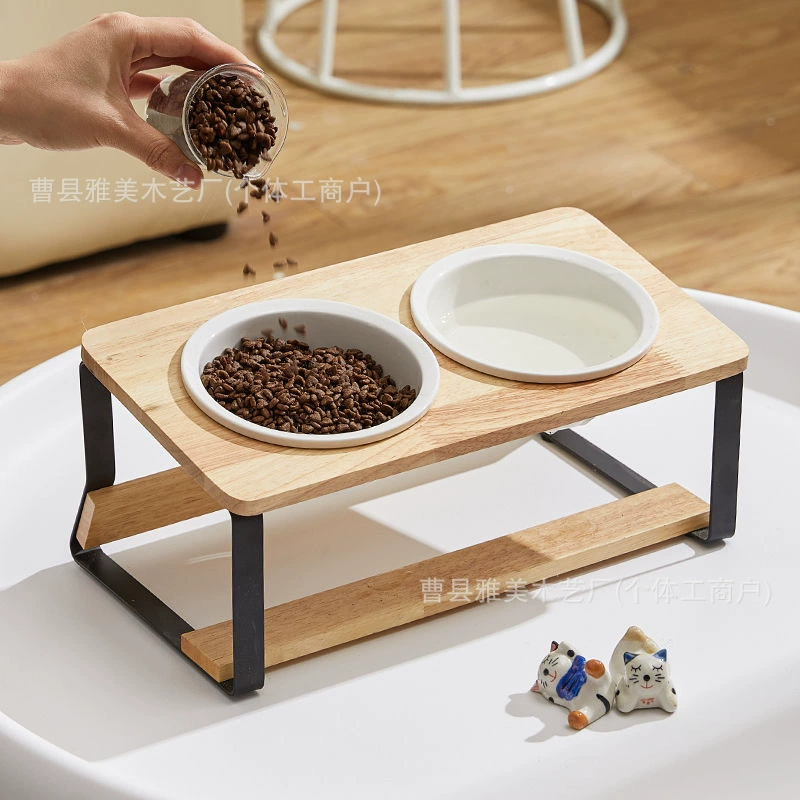 Керамическая миска для кошек, двойная миска для кошачьего корма, наклонная миска для защиты шейного отдела позвоночника, миска для собаки, питьевая вода, деревянная высокая миска, подставка