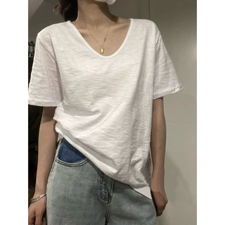 夏季新款v字领竹节棉白色短袖T恤女新款宽松气质休闲百搭上衣潮