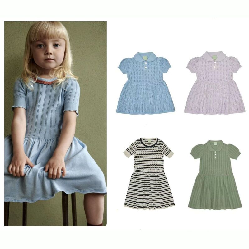 Girls' New Spring and Summer Dress, Soft Cotton Turn-Down Collar Ribbed Lace Dress, Retro Round Neck Short-Sleeved A-Line Dress Girls' New Spring and Summer Dress, Soft Cotton Turn-Down Collar Ribbed Lace Dress, Retro Round Neck Short-Sleeved A-Line Dress