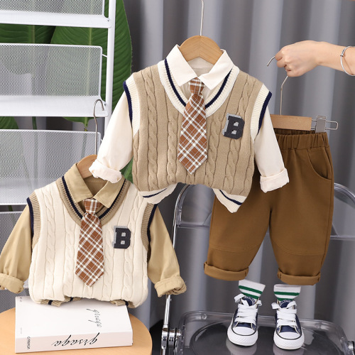 Boys' and Girls' College Style Knitted Vest Set of Three  New Autumn Set Trendy Autumn Outfits Cartoon Set