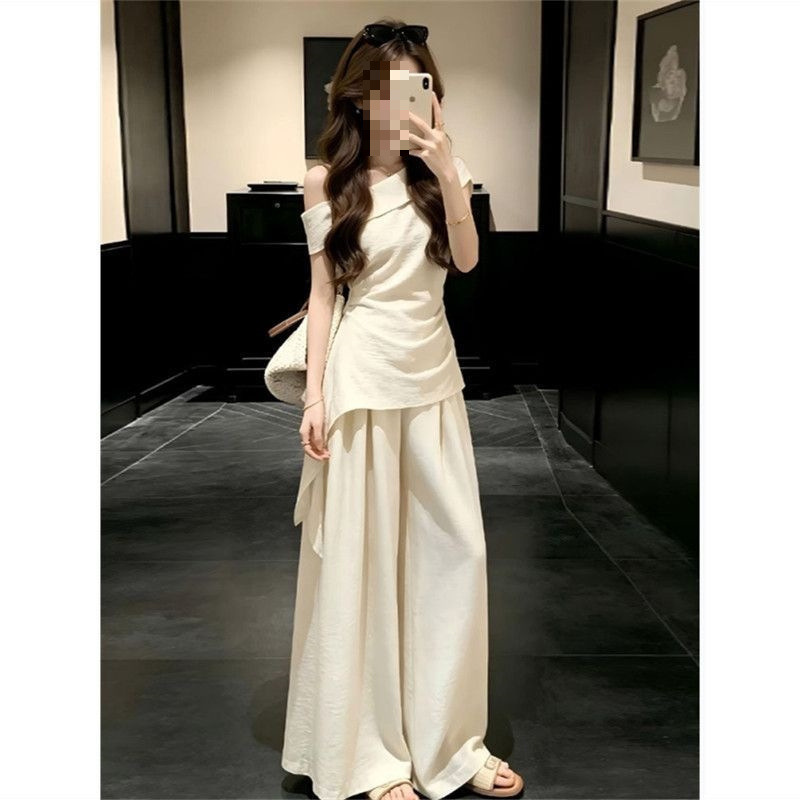 2026 Summer Outfit Set for Women: One-Shoulder Ruched Tie-Front Apricot Slim-Fit Top and High-Waisted Wide-Leg Pants Two-Piece Set 2026 Summer Outfit Set for Women: One-Shoulder Ruched Tie-Front Apricot Slim-Fit Top and High-Waisted Wide-Leg Pants Two-Piece Set