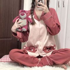 日系甜美草莓熊睡衣女春秋季长袖长裤翻领套装学生宿舍休闲家居服