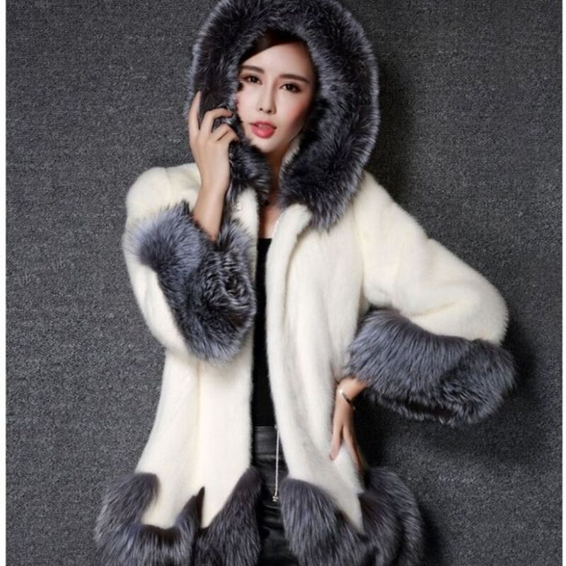 Promotional Imitation Fur 2025 New Fashion Imitation Mink Fox Fur Women's Coat Slim Hooded Mid-Length
