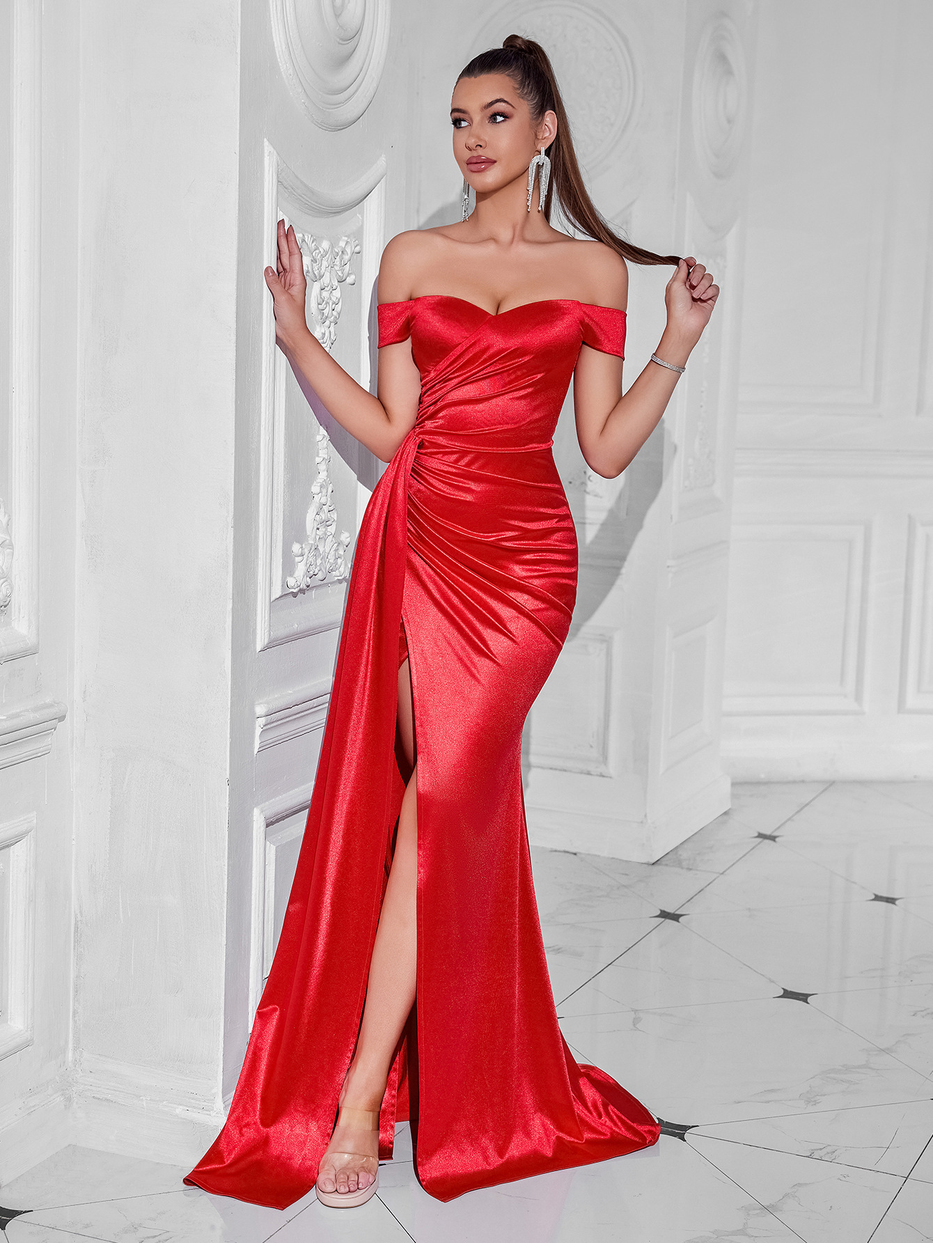 Banquete de comercio exterior transfronterizo vestido de anfitrión sexy de horquilla alta vestido de fiesta de fiesta delgada de un hombro