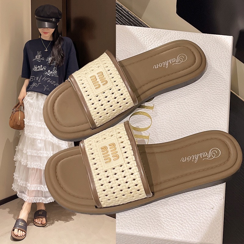 复古编织一字拖鞋女2025新款夏外穿洋气时髦平底凉拖配裙子罗马鞋|undefined