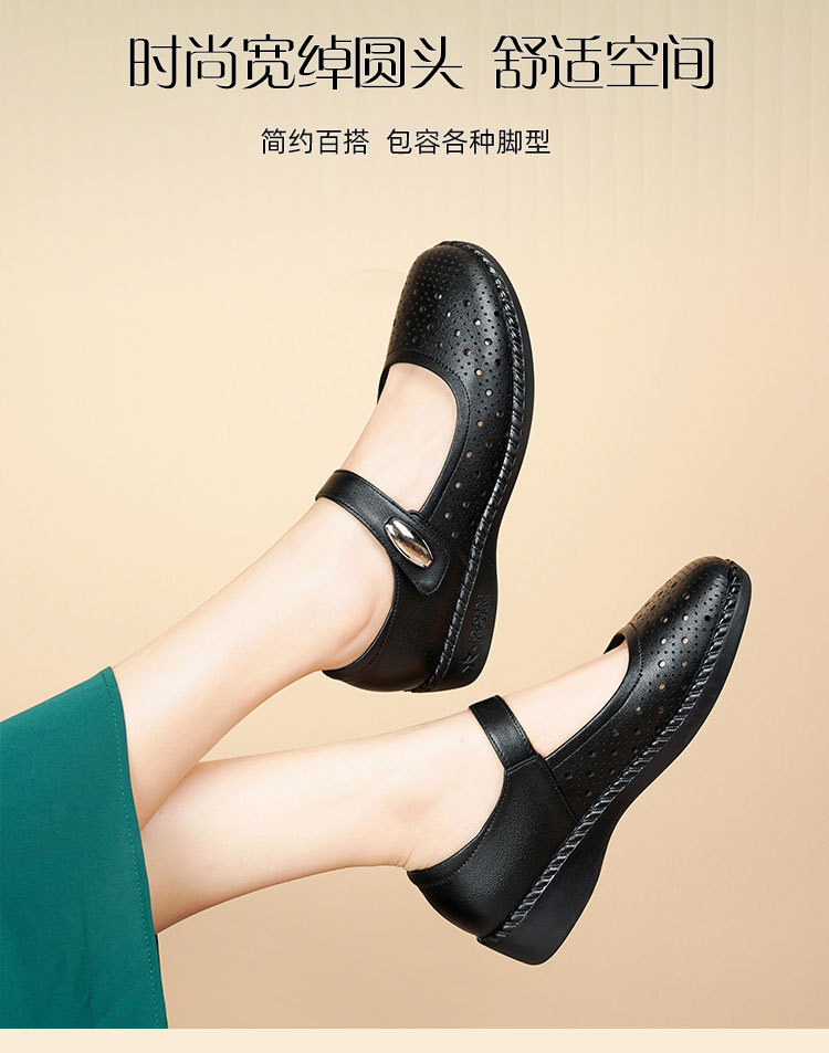Sandal nữ da thật gót thấp quai chữ V đế mềm — Màu đen chi tiết 16